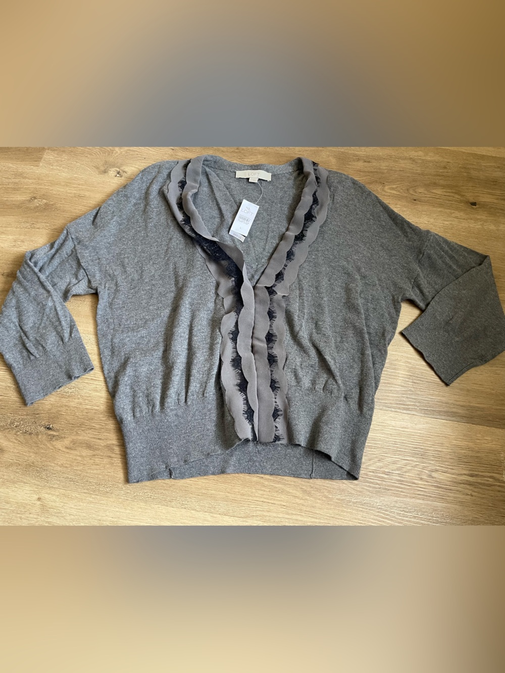 LOFT Gray Ruffle-Trim V-Neck Sweater